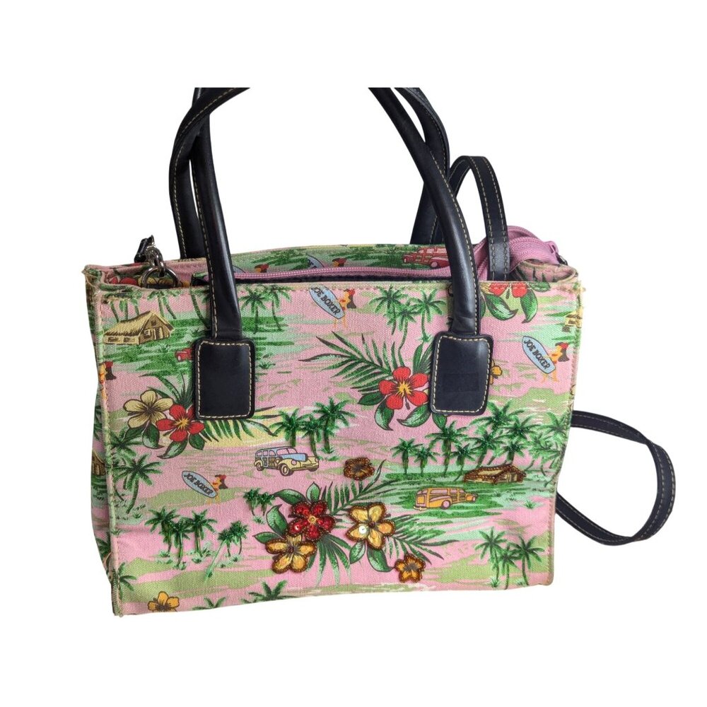 Joe Boxer Hawaiian Beaded Canvas Tote Bag With Pink Tropical Print & Black Faux